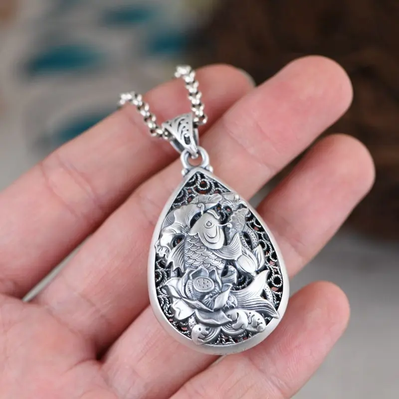 Винтажный кулон в виде капли цветка лотоса с гравировкой из серебра 925 пробы