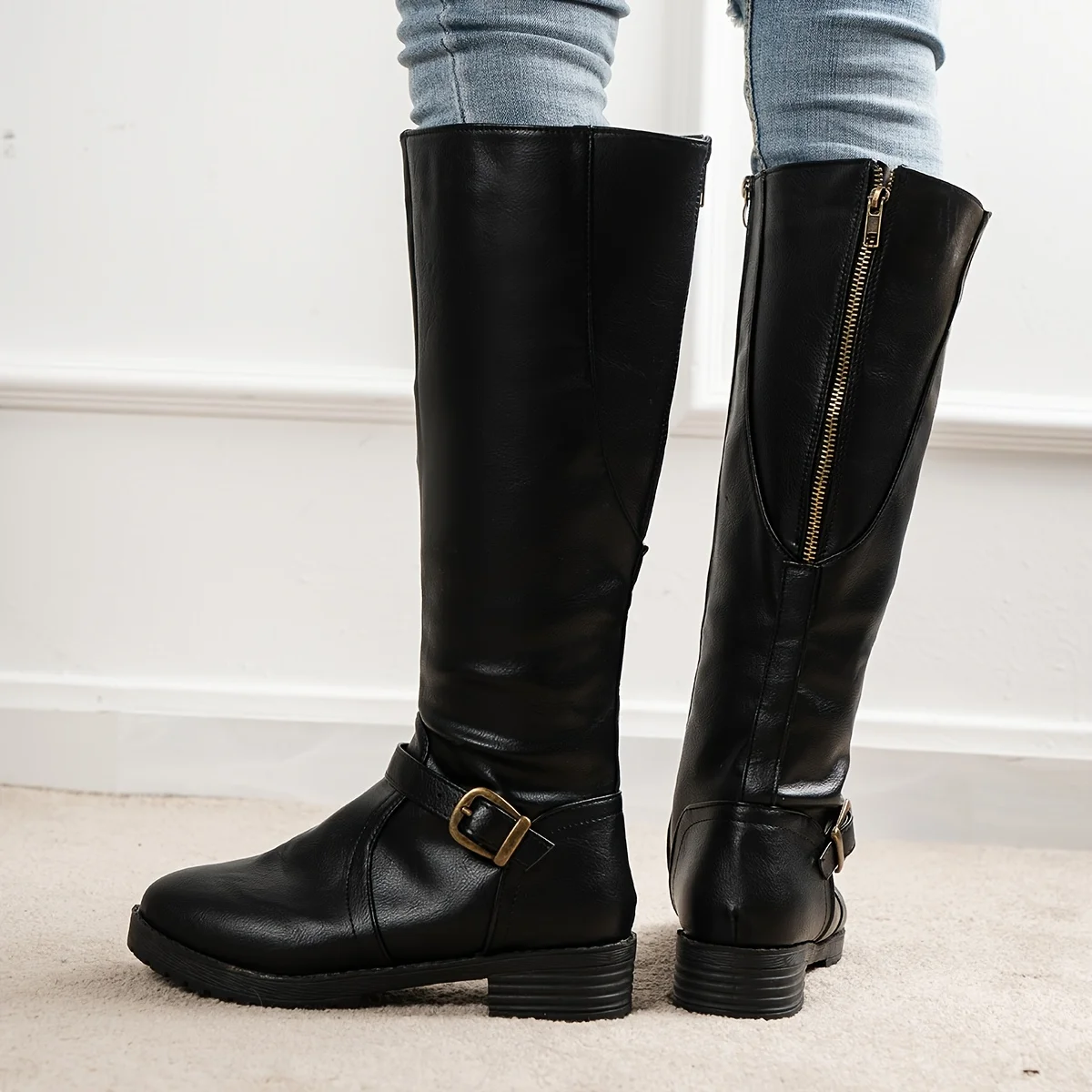 Women's Wide Calf Wear-resistant Riding Boots, Solid Color Zip Back Boots, Women's Footwear