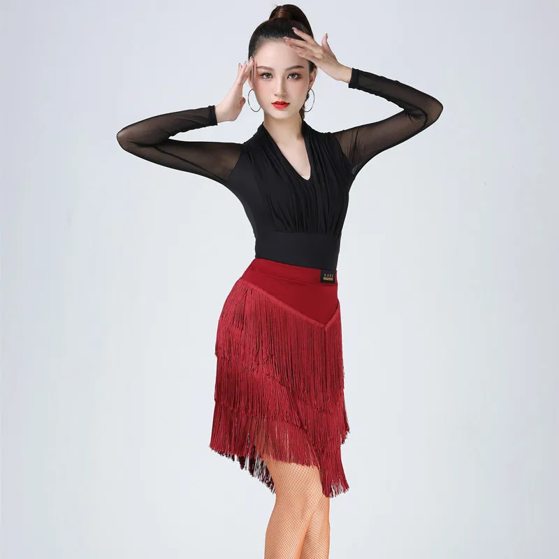 

1pcs/lot woman tassel latin dancing skirt lady solid patchwork lady cha cha tango fringe skirt