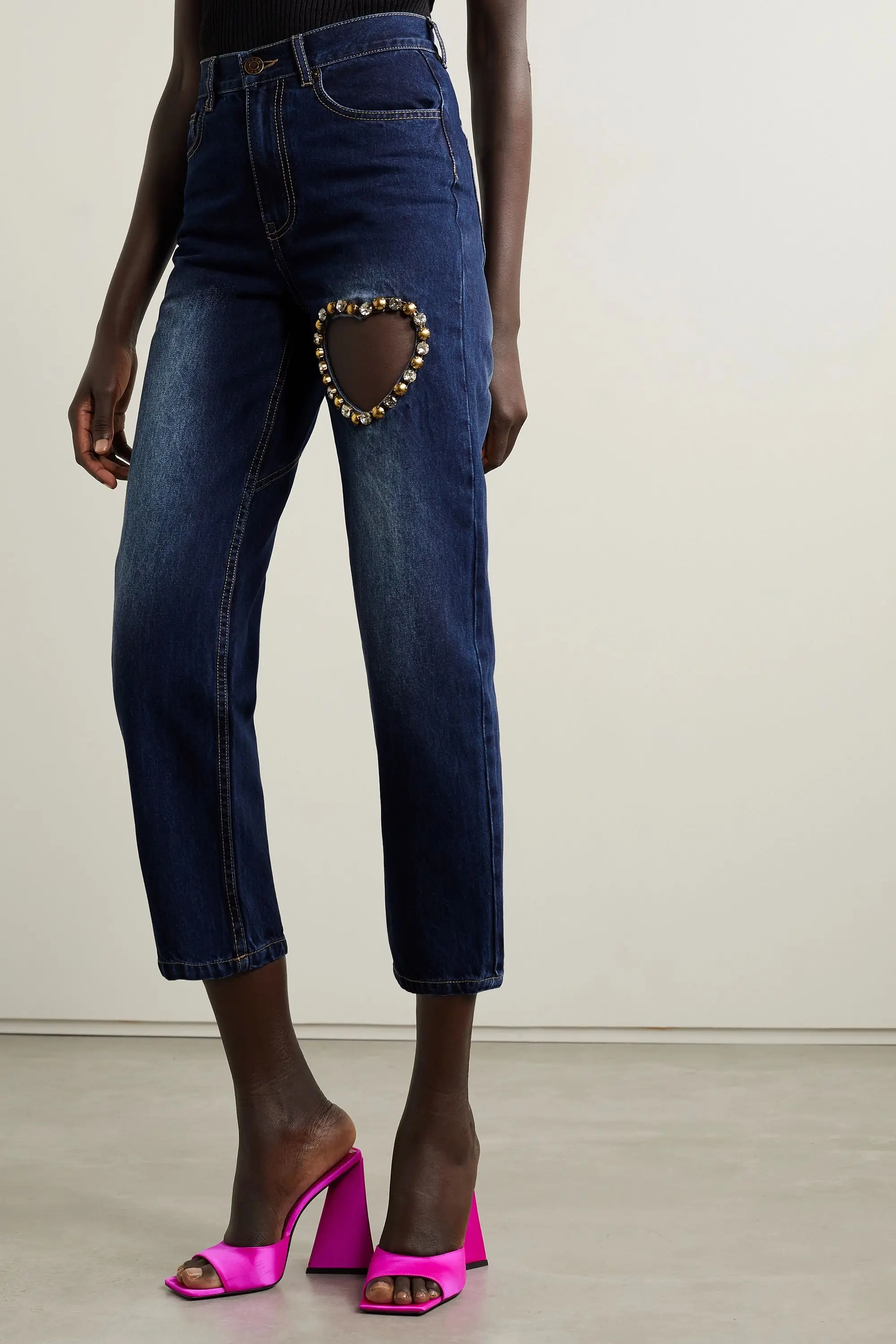 

Роскошная дизайнерская одежда 126257, модные классические трендовые джинсы в форме сердца с вырезами и украшением из страз