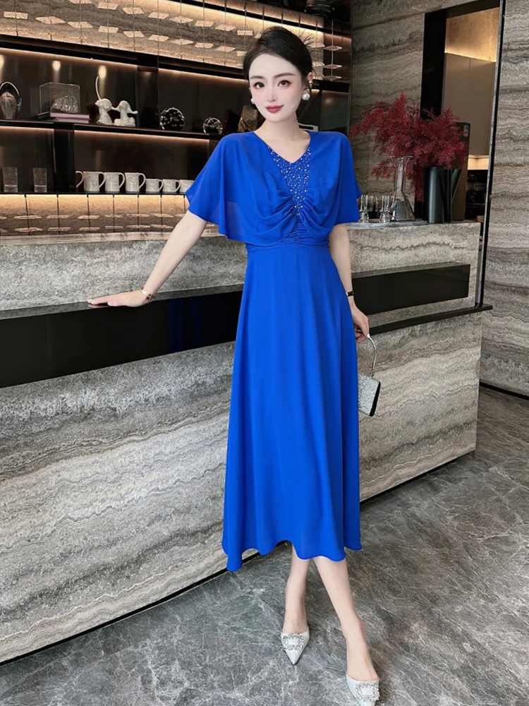 

ZJYT Summer Designer Beading Long Maxi Dresses for Women 2023 Elegant Cloak Sleeve Blue Black Party Vestidos V Neck Casual Robes