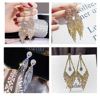fashion exaggerated full diamond tassel jewelry elegant lady long earrings face slim stud earrings for women