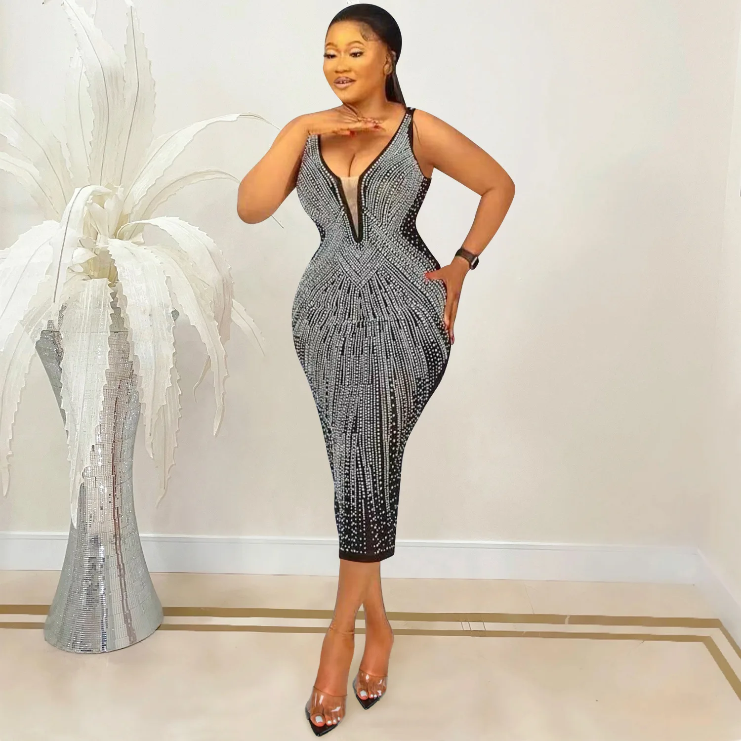 

Женское вечернее платье миди без рукавов, однотонное дизайнерское платье-жилет со стразами и V-образным вырезом, без бретелек, лето 2022