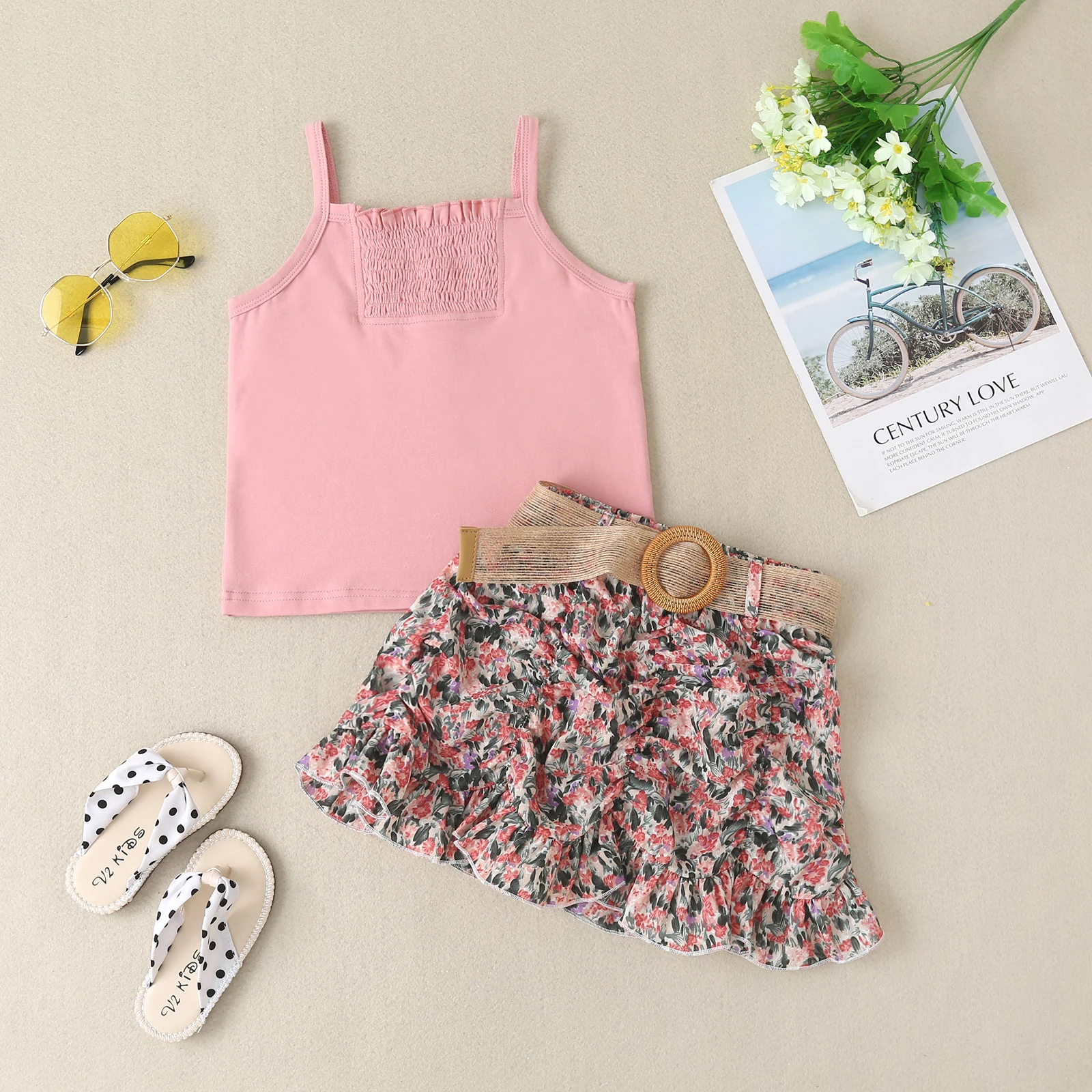 

2-7Y Kids Girls Summer Clothes Outfits Ruched Sleeveless Sling Tank Tops Floral Print Ruffles Skirts with Belt 2Pcs Set