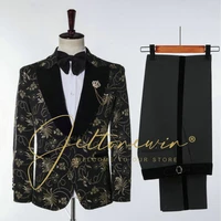 jeltonewin men suit set blazers groom wedding suits 2022 tailor made black floral 2 piece tuxedo formal party wear prom dress