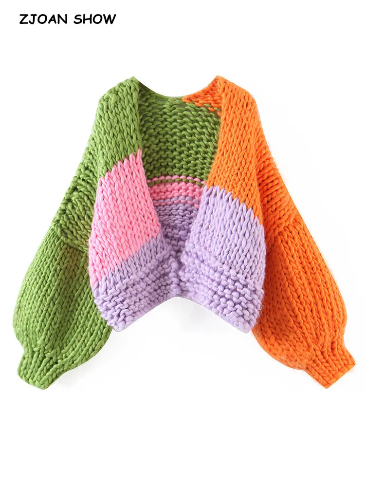 Sweet Contrast Color Hand Made Crochet Cardigan Vintage Woman V neck Full Lantern Sleeve Knitting Sweater Knitwear Short Jumper