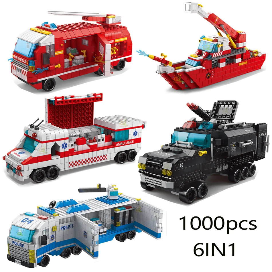 

Fire Engine Truck Building Block Model 1000PCS Traffic Policeman Car Ambulance Boat Figures Bricks Educational Toy for Kids Gift