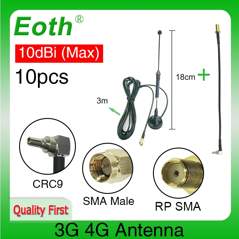 Eoth 10pcs 4G LTE Antenna 10dbi SMA Male Connector Aerial 698-960/1700-2700Mhz IOT magnetic base 3M Clear Sucker Antena