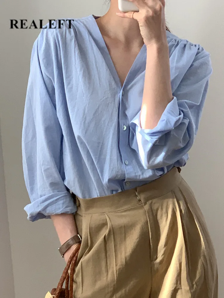 

Женская блузка с V-образным вырезом, длинным рукавом и отложным воротником