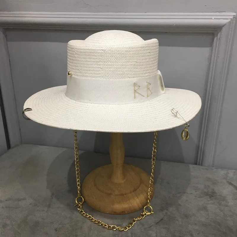 2021 new arrival Women's summer hat with chain and pin  white straw women's cap female free shipping
