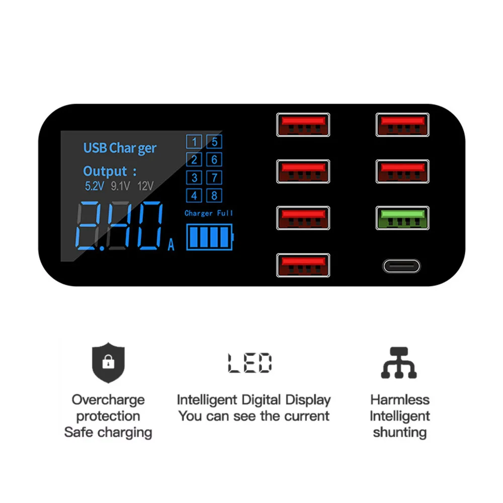 

Зарядное устройство USB 40 Вт QC 3,0 для дома, 8 портов, светодиодный дисплей, многопортовый зарядный концентратор для телефона, адаптер, зарядная...