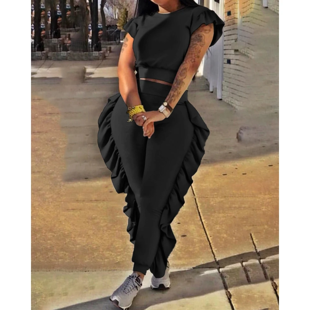 Women Solid Short Sleeve Crop Top & High Waist Butterfly Side Pencil Pants Set Femme Fashion Two-Piece Set Casual Party Outfits