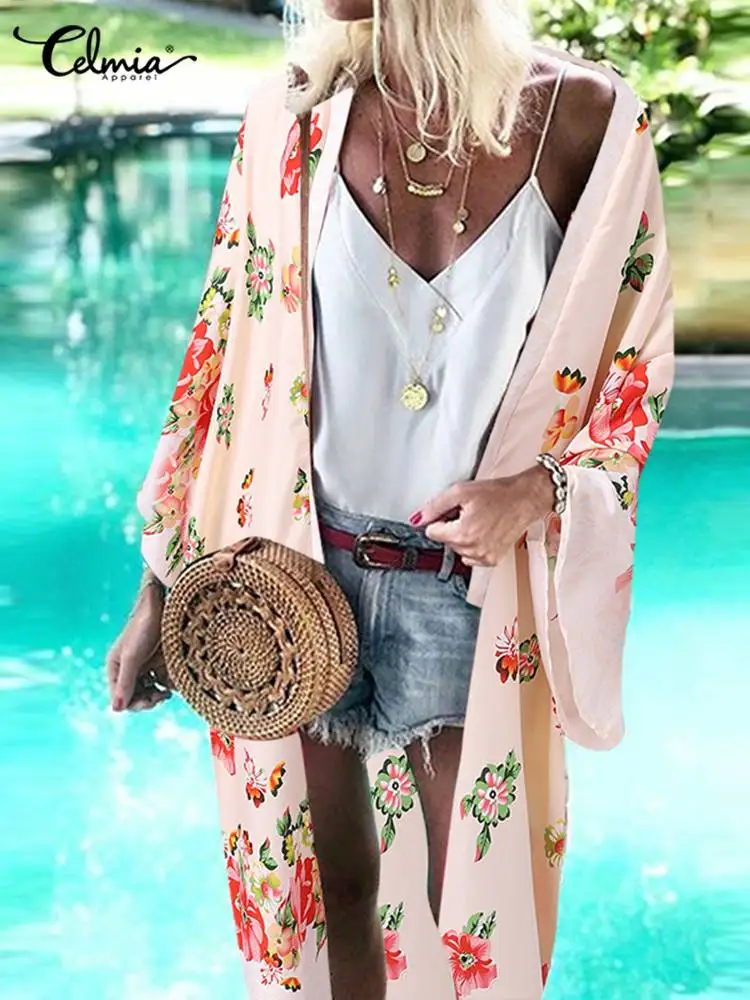 

Celmia Women's Fashion Kimonos Beach Floral Print 2022 Summer Bat Sleeve Cardigan Tops Holiday Bohemian Cover Up Long Cardigans