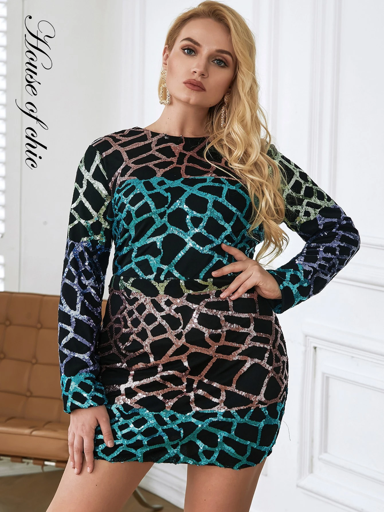 

HOUSE OF CHIC Женское черное мини-платье с круглым вырезом и блестками