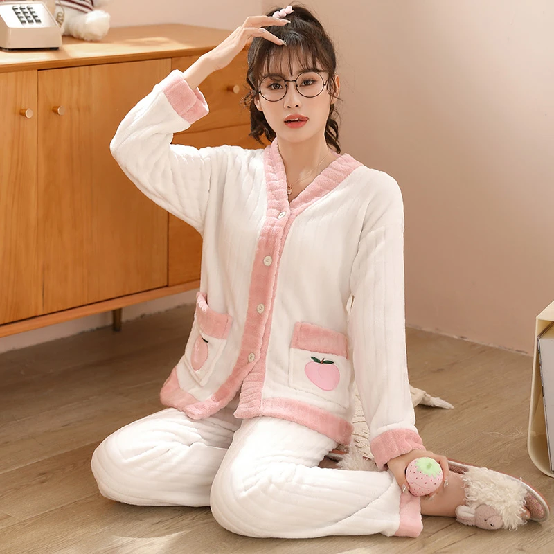 

Новый зимний костюм с длинным рукавом, фланелевый кардиган с V-образным вырезом, утепленная женская пижама, домашняя одежда, Коралловое барх...