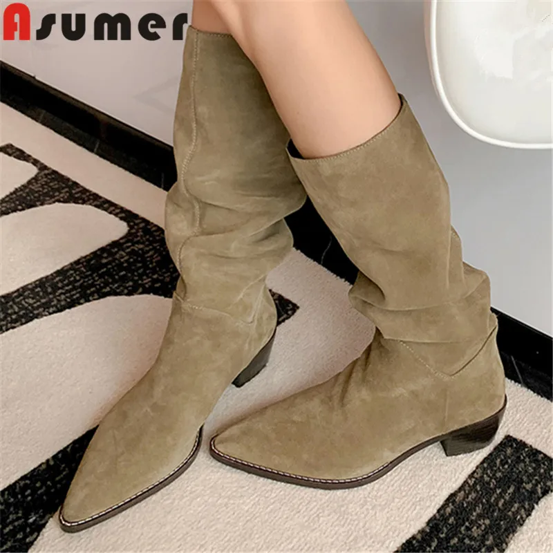 

Женские замшевые ботинки челси ASUMER, демисезонные ботинки из коровьей замши на среднем квадратном каблуке, без застежки, 2023