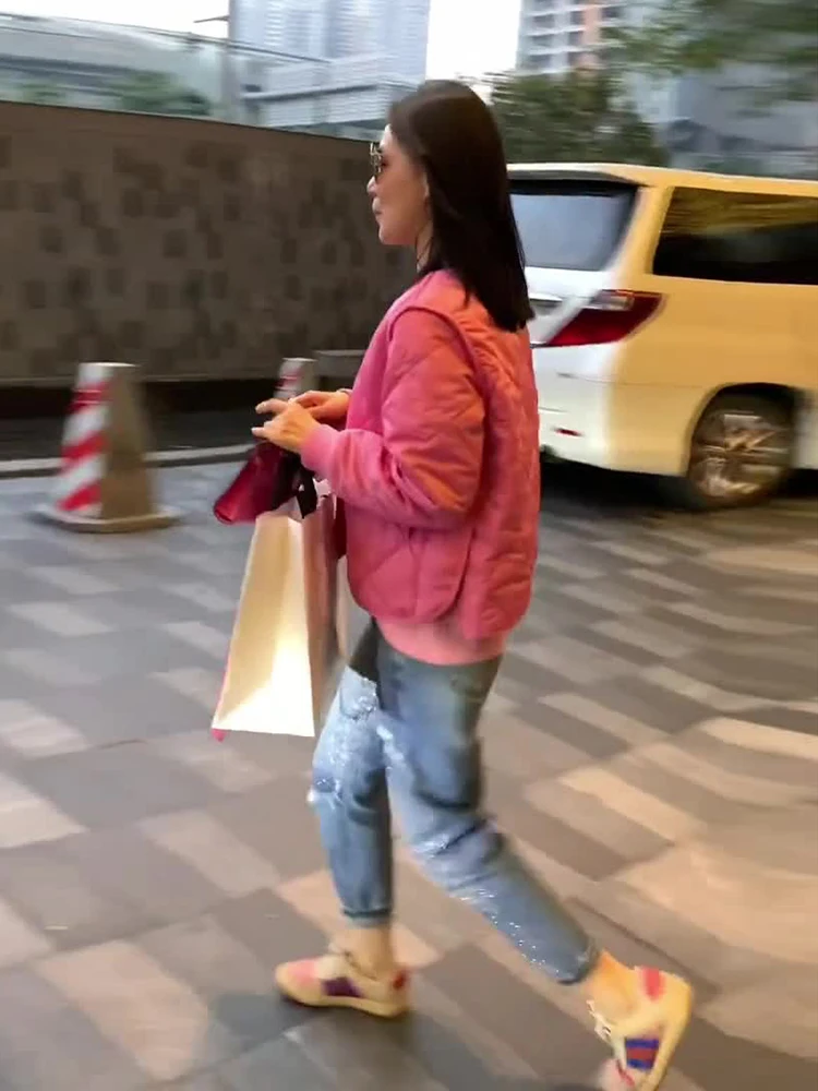 Хлопковая стеганая куртка с розовым ромбом женская осенне-зимняя в Шэньчжэне