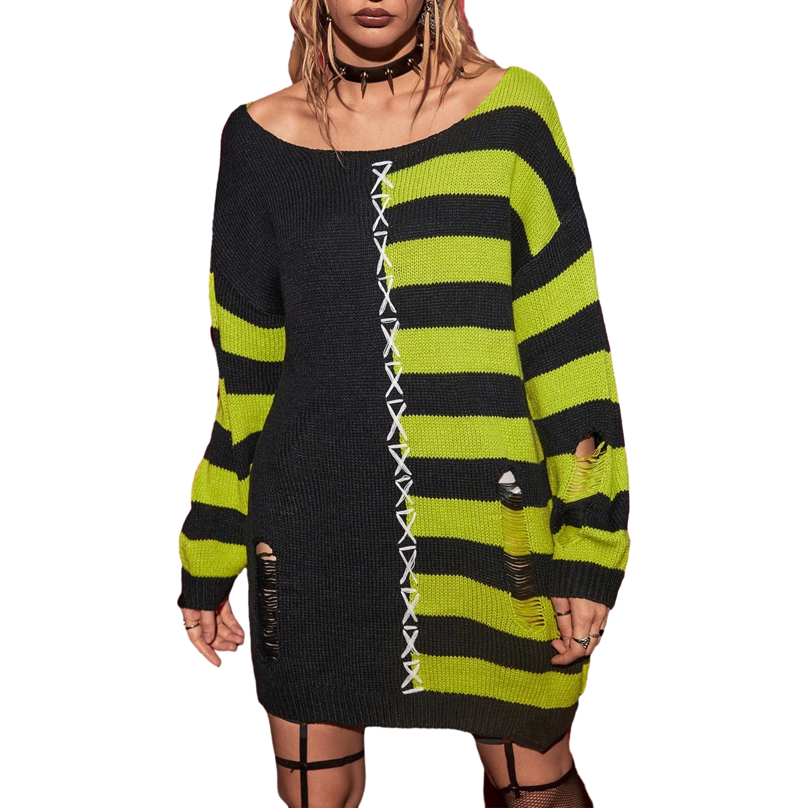 

Women Long Sleeve Sweater Fashion Hollow Out Sweater Loose Ripped O-Neck Sweater Striped Sweater Top Punk Jacket Outwear