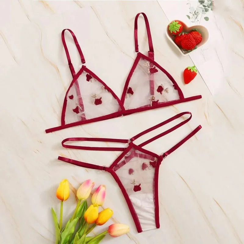 

Sexy Lace Lingerie Set for Women Emberoidery Floral Bra and Thong Sensual Mesh See-thorugh Underwear Dot Thin Straps Bras Set