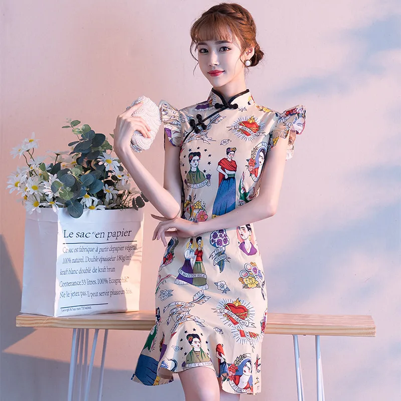 

New Cheongsam Young Girl Summer 2022 Improved Small Fragrance Fishtail Short Slim Elegant Evening Part Qipao Dress for Women