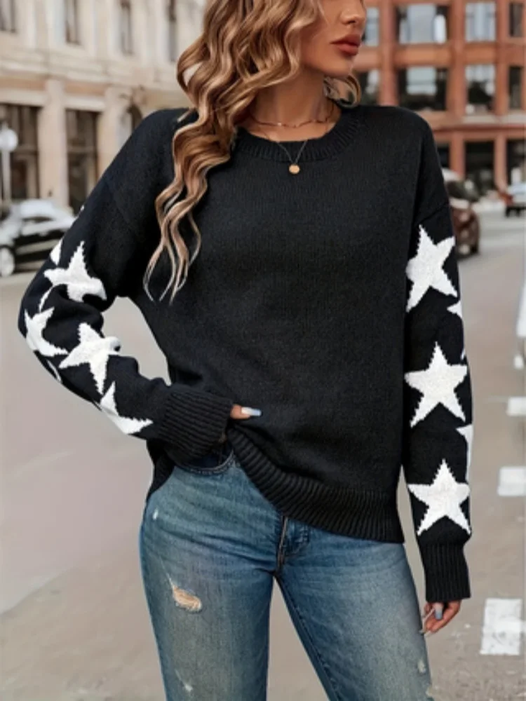 Женский Свитер С Длинными Рукавами Черный Пуловер Круглым Вырезом И Принтом