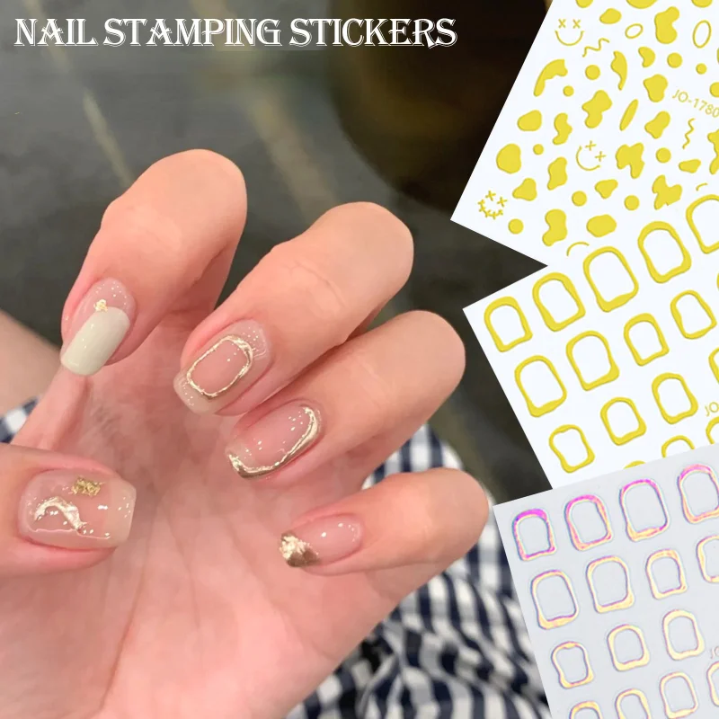 

Nail Decorations Milk Cow Color Block Nail Stickers Simple Laser Gold Edge Hollow Mesh Stickers DIY Nail Jewelry