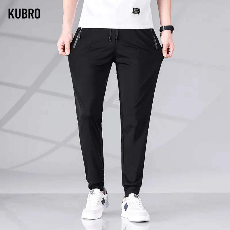 

KUBRO 2023 Men's Two Ankle Pants Available Korean Fashion Casual Thin Quick Drying Ice Silk Straight Loose Trousers Black Grey