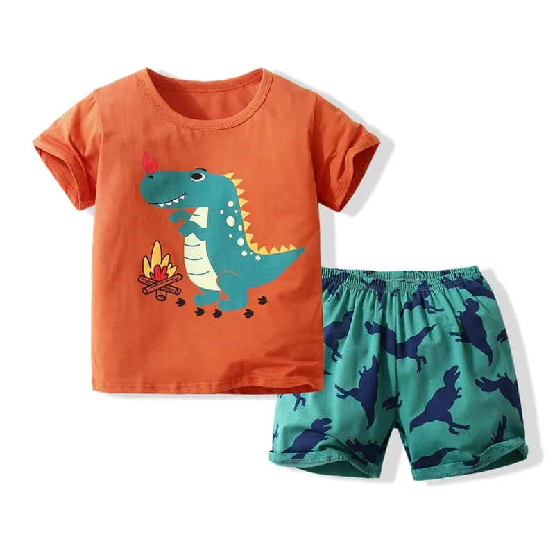 

2022 New Arrival Boys Girls Fashion Short Sleeve Suit Cartoon Dinosaur Cotton Top Pants 2Pcs Set Suit 0-12y Teenagers Apparel