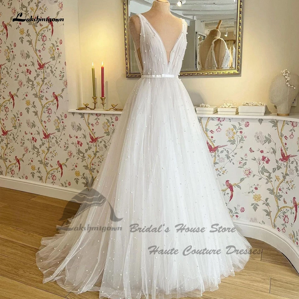 

Lakshmigown Luxury Pearls Wedding Dress Summer Beach 2023 Robe Sukienka Boho Bridal A Line Wedding Dresses V Neck Open Back