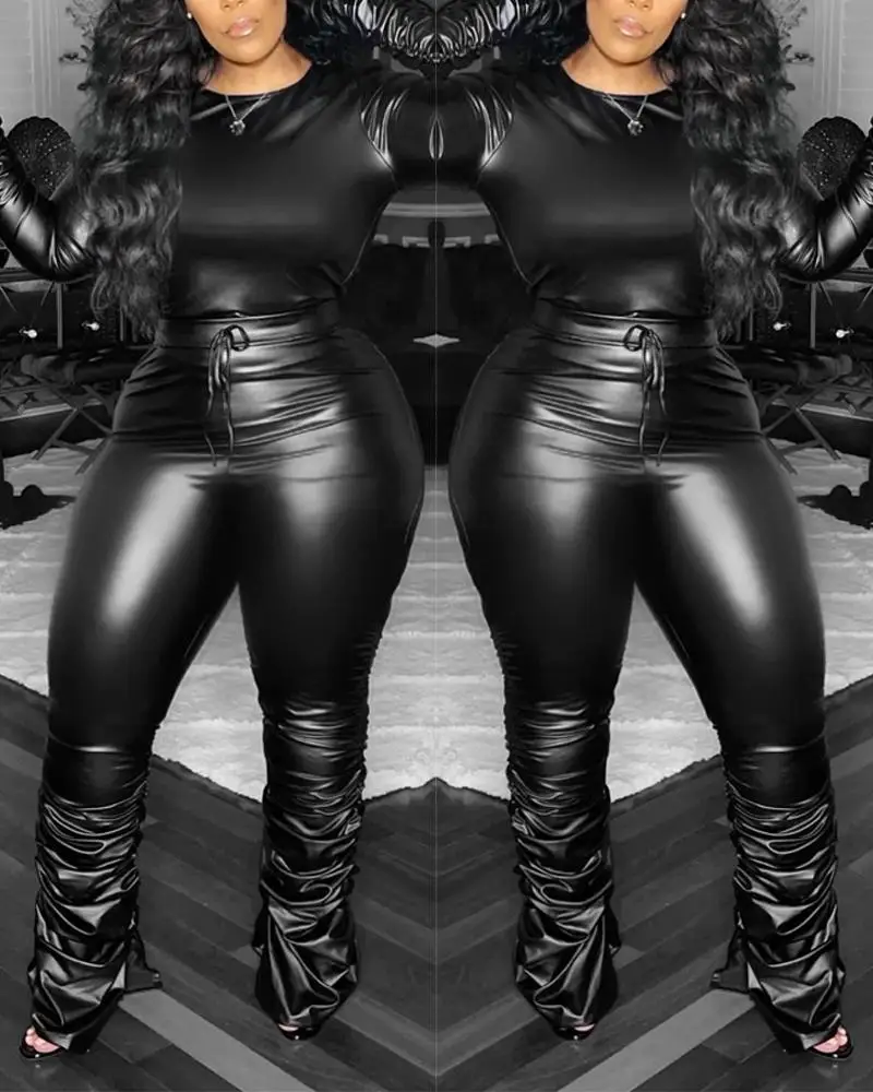

Женский Повседневный костюм из топа с рюшами и брюк из искусственной кожи с длинным рукавом и круглым вырезом