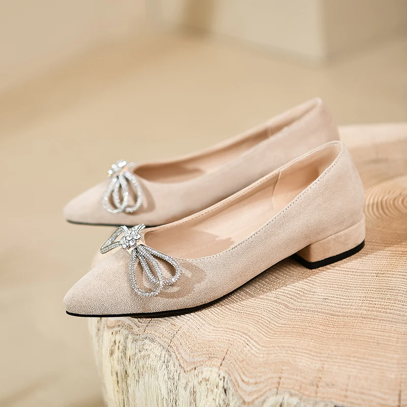 

British Style Pointed Toe Chunky Heel Frosted Flock Pumps Rhinestone Bow Decoration Apricot Simple Woman's Mary Jane Shoes