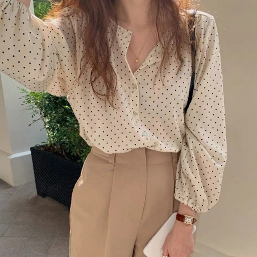 Блузка женская в горошек Повседневная Базовая рубашка с длинными