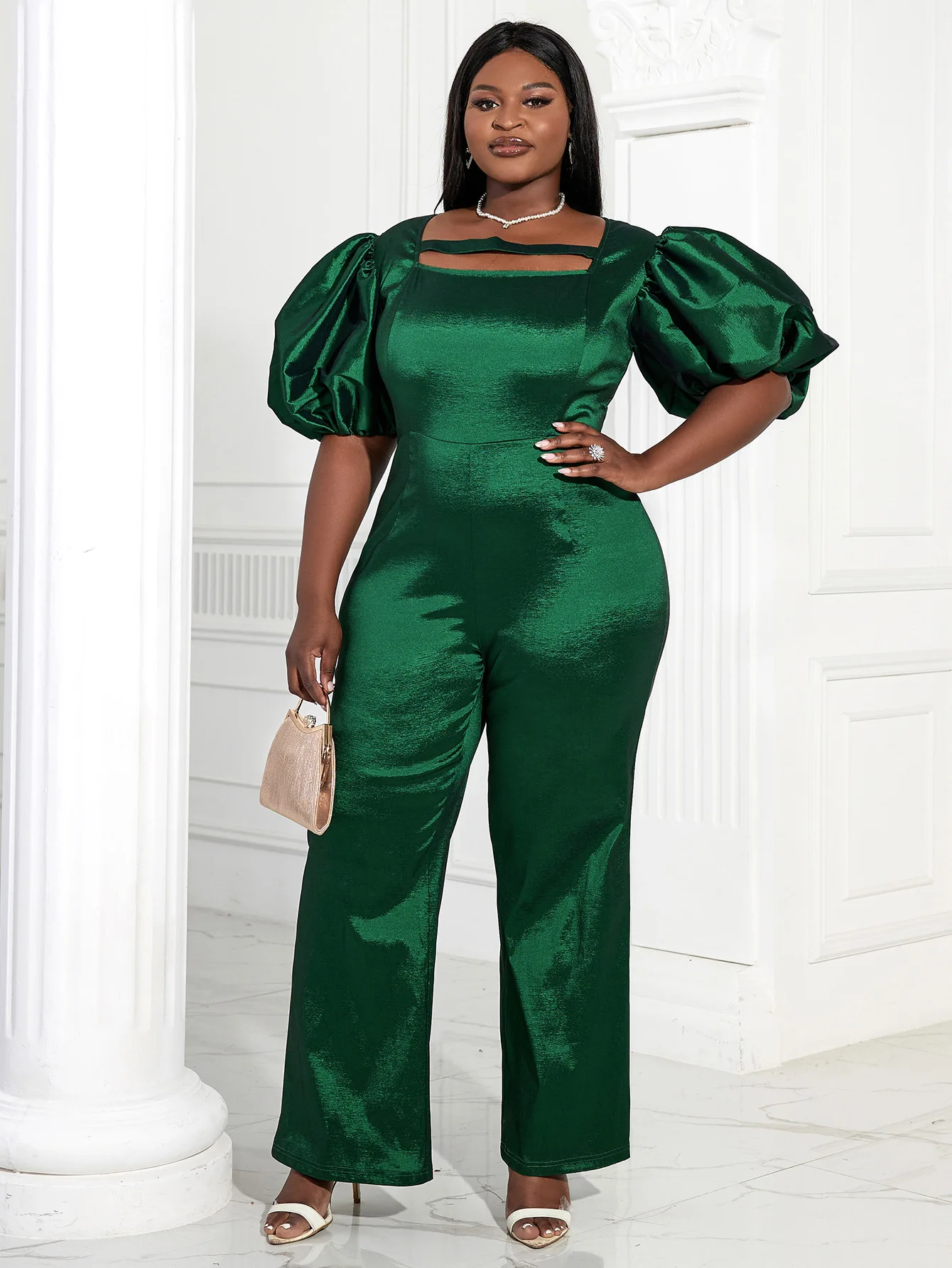 2023 fashion Women Jumpsuit Shiny Green Bodycon Sexy Overalls Party Short Lantern Sleeve Slim Rompers High Waist Fall Large Size