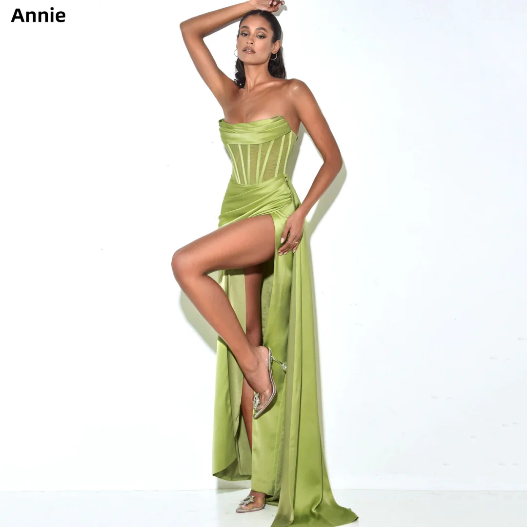 

Annie Fluorescent Green Prom Dresses Satin Bandeau Corset Formal Occasion Dresses Mermaid High Slit فساتين للحفلات الراقصة