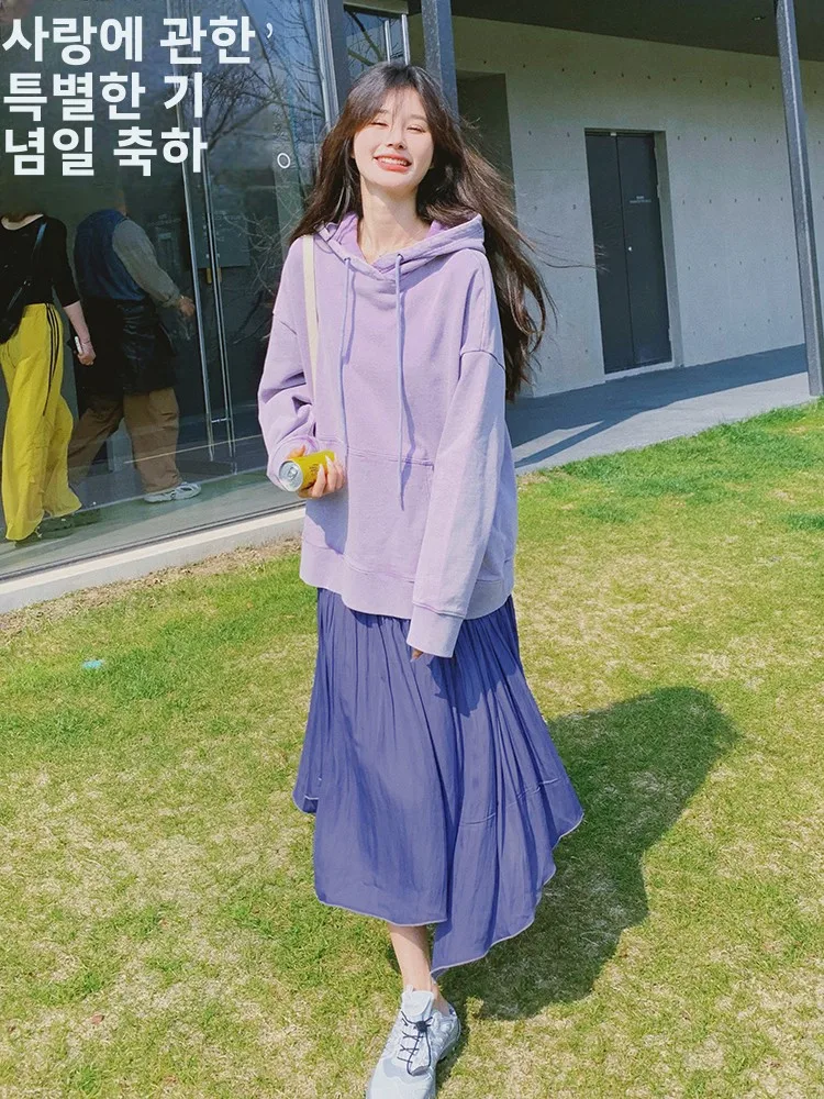 Absolutely Purple Fake Two Pieces Hoodie Dress Women Spring and Autumn 2024 New Korean Series Preppy Age-Reducing First Love ...