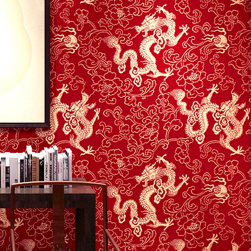 

Chinese wallpaper TV background wall dragon pattern calligraphy wallpaper porch study restaurant hotel classical wallpaper