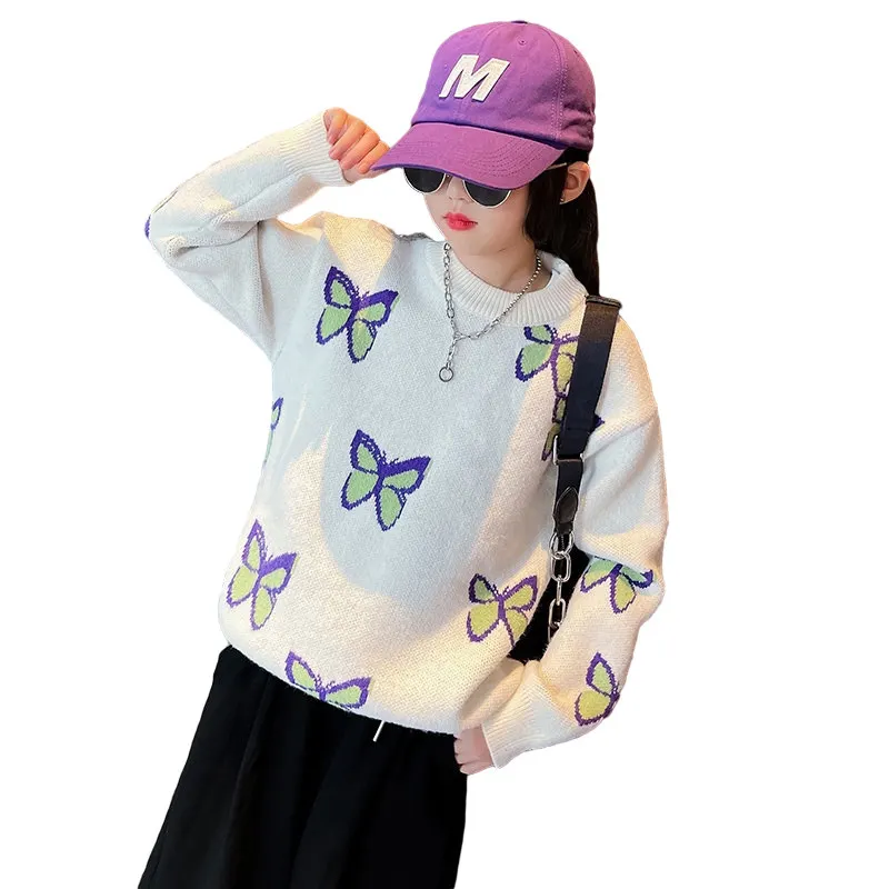 

New Spring Autumn Girls Sweater Knitwear Kids Soft Tops Children's Clothes Toddler Sweet Butterfly Pattern Outerwear 5 To 14 Yrs