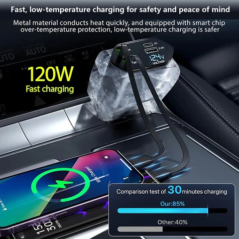 Выдвижное автомобильное зарядное устройство 120 Вт для IPhone Android, суперадаптер для быстрой зарядки QC3.0 PD USB Type C для VW Volkswagen PASSAT B5 B6 B7