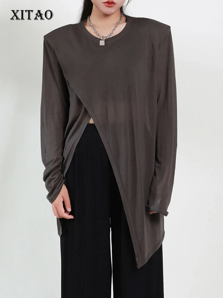 

Женская футболка с асимметричным разрезом XITAO, однотонная Повседневная летняя футболка с длинным рукавом, Солнцезащитная футболка HQQ0400