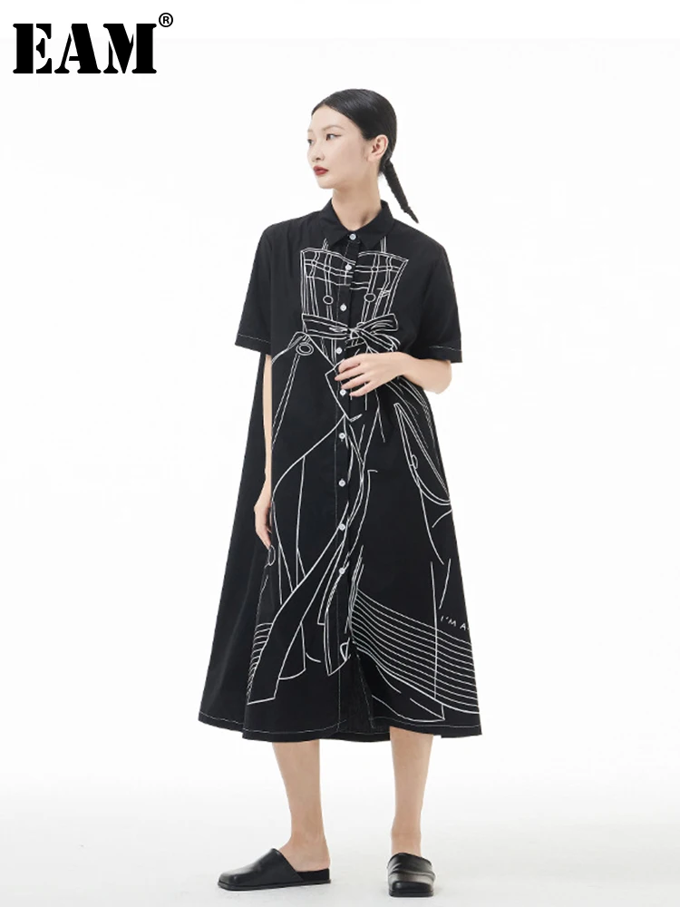 

[EAM] Women Black Pattern Printed Big Size Long Shirt Dress New Lapel Short Sleeve Loose Fit Fashion Spring Summer 2022 1DE9026