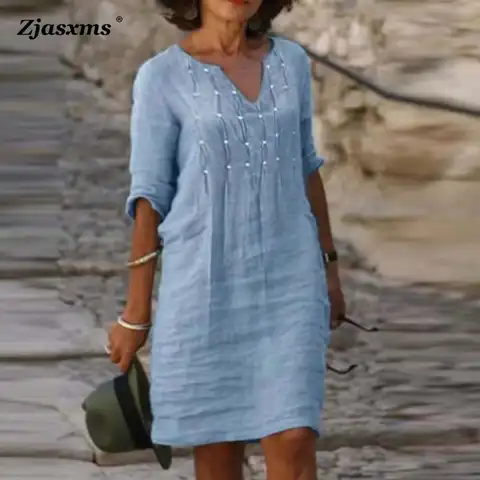 Spring Women Burst Bead Pleated Seven-Point Sleeve Dress Vintage Cotton Hemp Small V-Neck Dress Female Solid Color A Line Dress