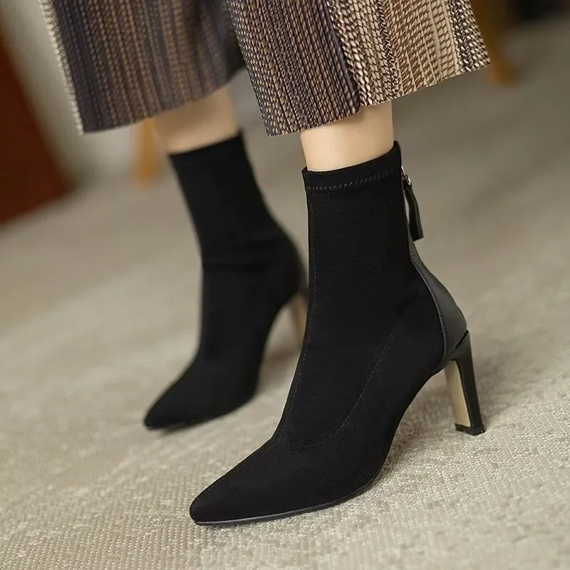 

Shoes Female 2024 Fashion Ankle Women's Boots Elegant Modern Boots Women Sewing Zipper Pointed Toe Thin Heel Flock Shoes Women