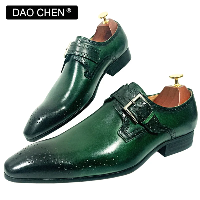 LUXURY BRAND MEN LOAFERS SHOES BUCKLE STRAP ELEGANT MENS DRESS SHOES GREEN BLACK OFFICE WEDDING GENUINE LEATHER CASUAL SHOES MEN