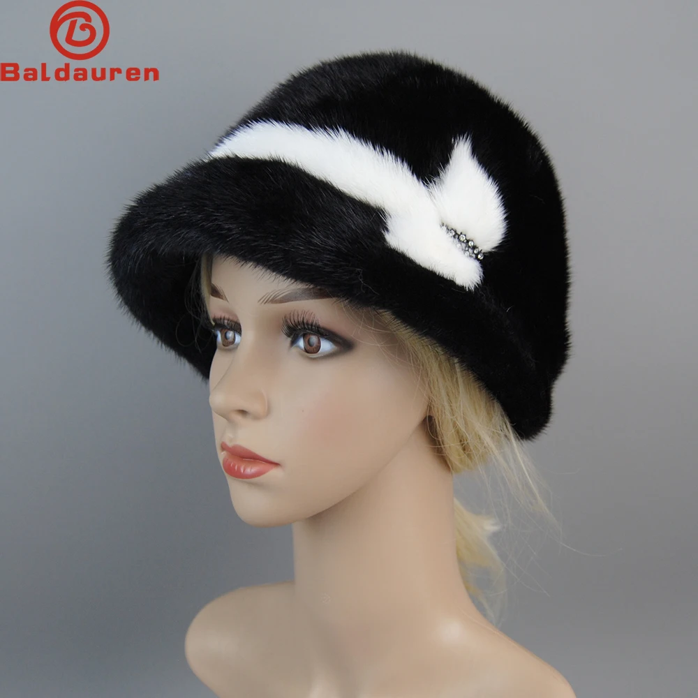 2023 Woman Winter Solid Mink Caps With Fashion arrow Natural Mink Fur Hats New Russian Girl Soft Knitting Real Fur Bucket Hats
