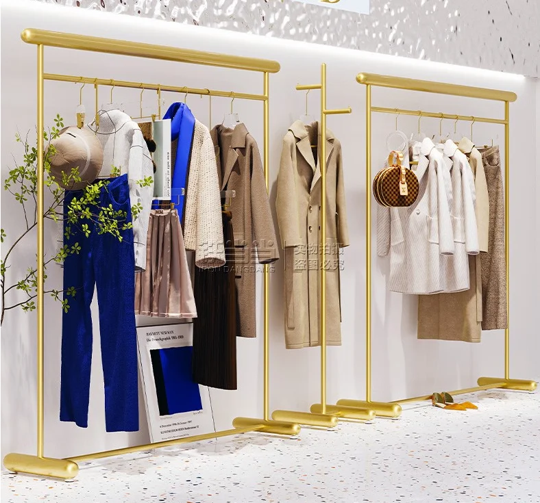 Clothing store display rack: floor type high-end light luxury gold clothes hanging rack, combined rack, display rack