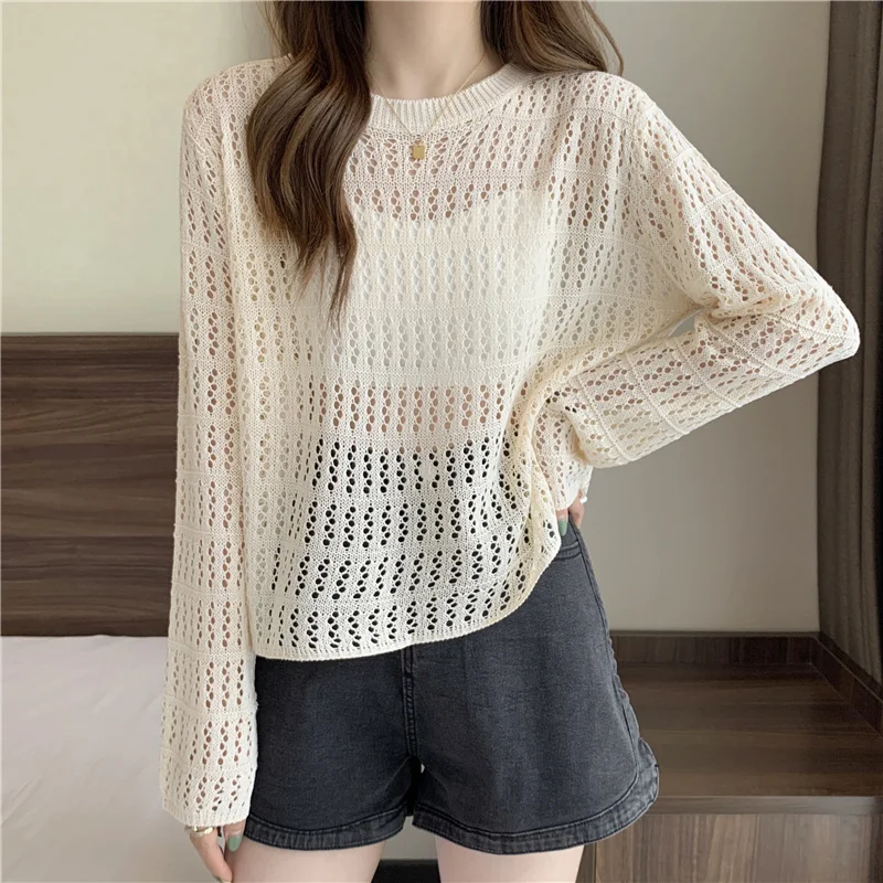 Summer Hollow Pullovers Women New Korean Loose Round Neck Long Sleeve See Through Knitted Tops Female