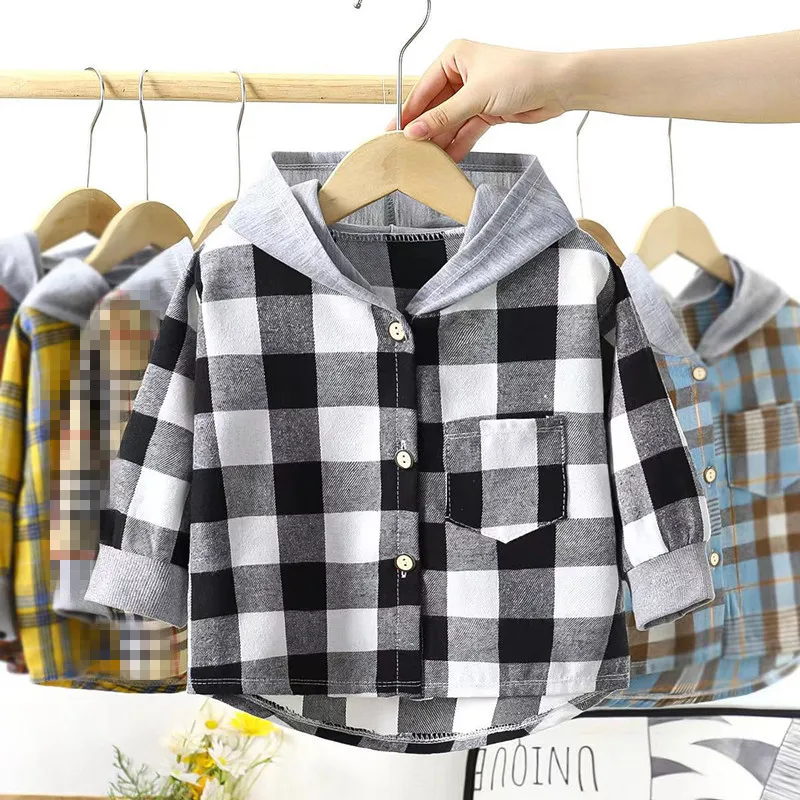 

Children's Shirts Clothing Kids Hooded Plaid Shirts Boys Girls Baby Long Sleeve Tops Checkered Bottoming Coat Spring and Autumn