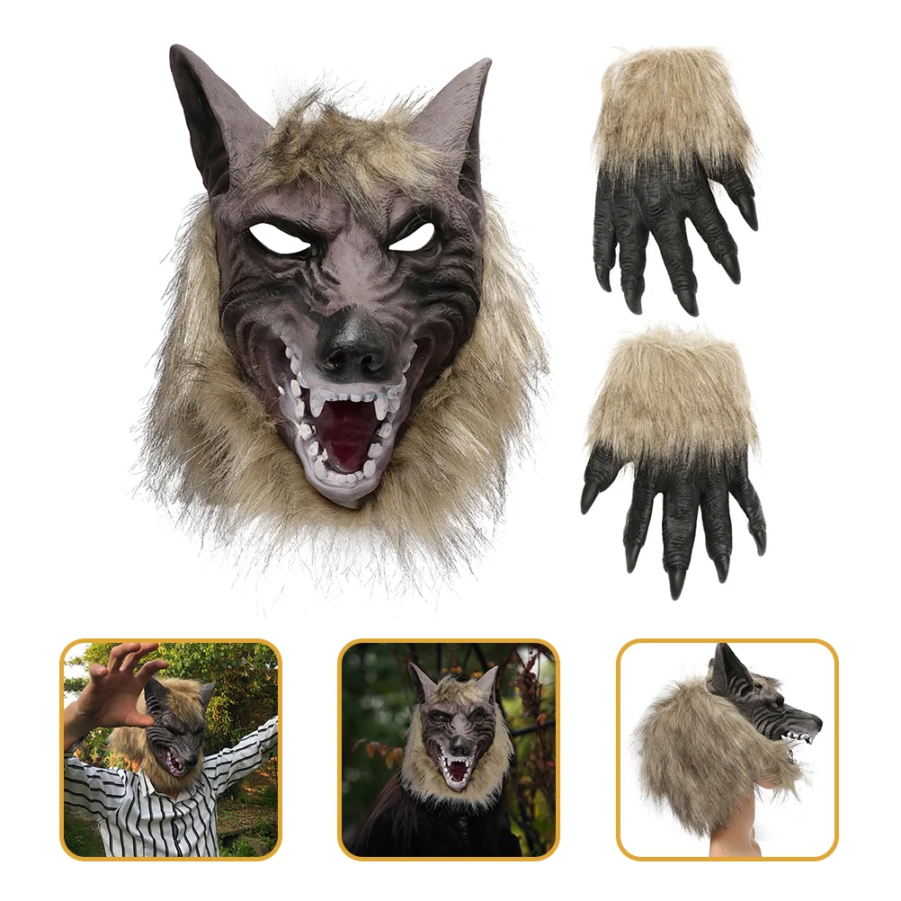 

Волчья перчатка, маска, костюмы на Хэллоуин, дети, голова, человек, косплей, виниловые перчатки с когтями, набор, страшный ужас