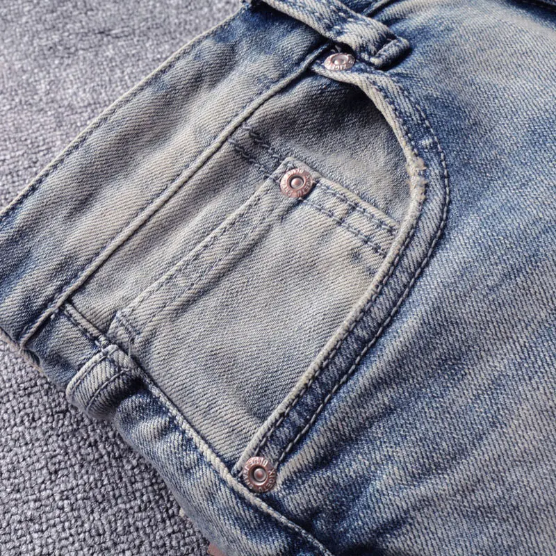 Italian Style Fashion Men Jeans Retro Light Blue Slim Fit Ripped Jeans Men High Quality Vintage Designer Casual Pants Hombre