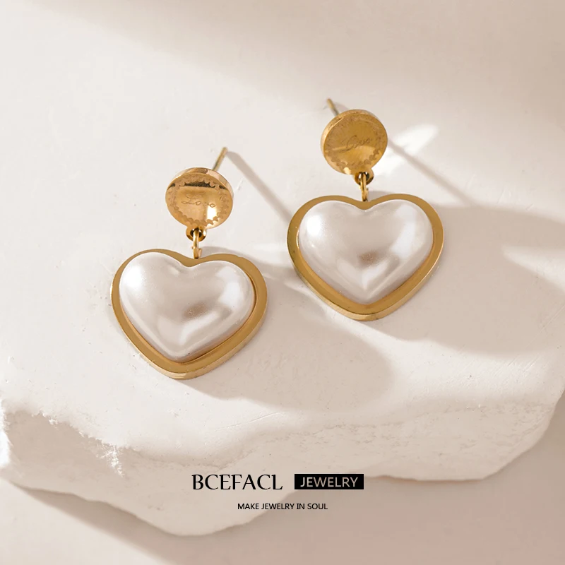 

BCEFACL 316L Stainless Steel Large Heart-shaped Pearl Earrings For Women Girl New Fashion Ear Drop Jewelry Lady Holiday Gift
